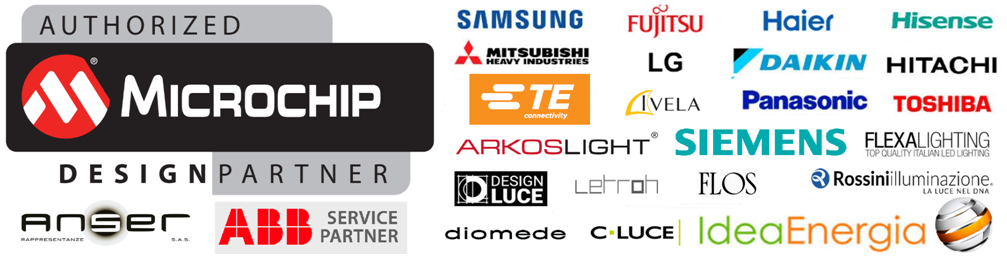 Microchip Authorized Design Partner e marchi partner e tecnologie: Samsung, Fujitsu, Haier, Hisense, Mitsubishi Heavy Industries, LG, Daikin, Hitachi, TE Connectivity, Vela, Panasonic, Toshiba, Arkoslight, Siemens, Flexalighting, Design Luce, Letroh, Flos, Rossini Illuminazione, ANEC, ABB Service Partner, diomede, C-Luce e IdeaEnergia.